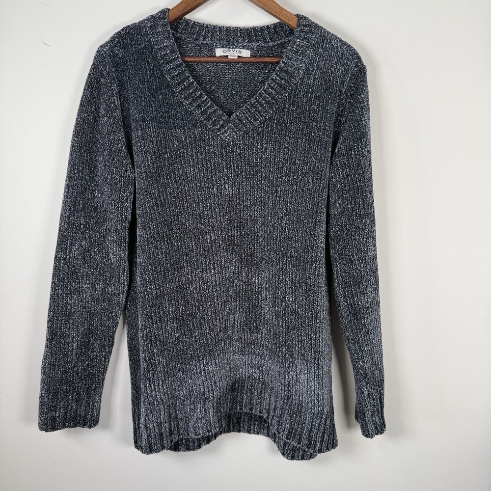 Orvis Women's M Sweater Chenille Tunic V Neck Marled Blue Navy Comfy Soft Cozy